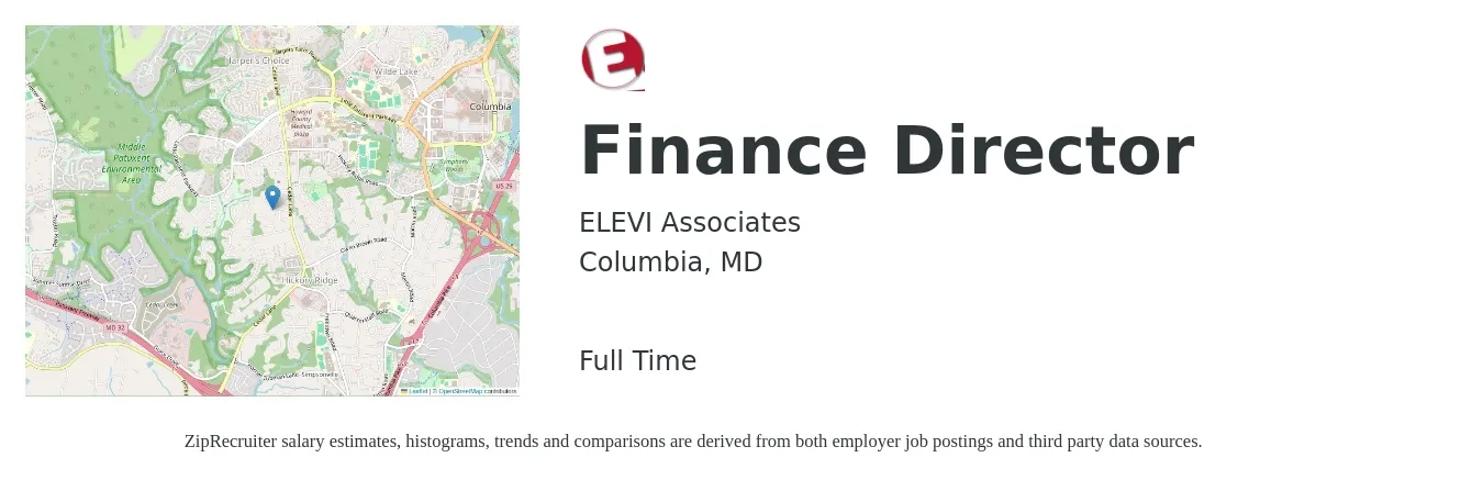 ELEVI Associates job posting for a Finance Director in Columbia, MD with a salary of $99,700 to $151,800 Yearly with a map of Columbia location.