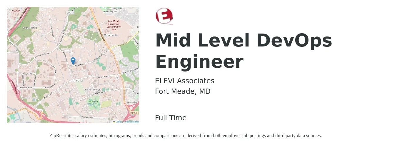 ELEVI Associates job posting for a Mid Level DevOps Engineer in Fort Meade, MD with a salary of $58 to $80 Hourly with a map of Fort Meade location.