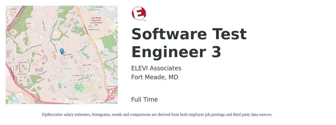 ELEVI Associates job posting for a Software Test Engineer 3 in Fort Meade, MD with a salary of $48 to $68 Hourly with a map of Fort Meade location.