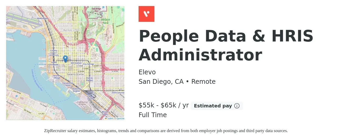 Elevo job posting for a People Data & HRIS Administrator in San Diego, CA with a salary of $55,000 to $65,000 Yearly with a map of San Diego location.