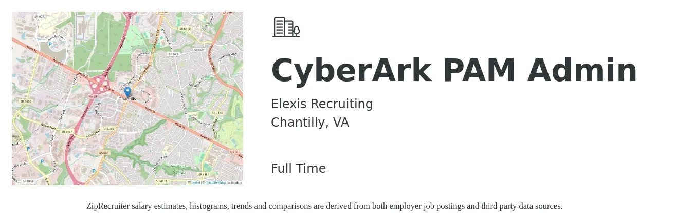Elexis Recruiting job posting for a CyberArk PAM Admin in Chantilly, VA with a salary of $48,100 to $48,600 Yearly with a map of Chantilly location.