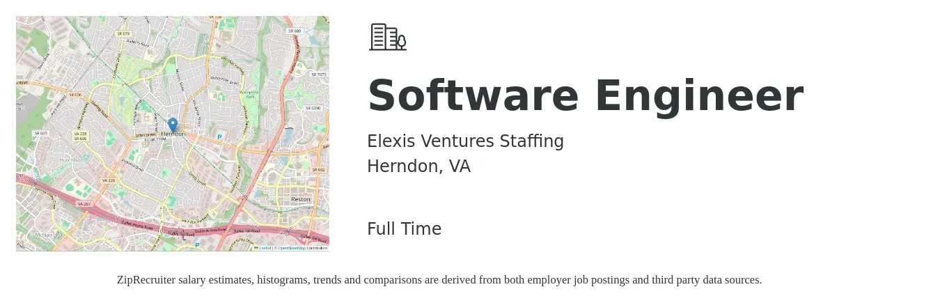 Elexis Ventures Staffing job posting for a Software Engineer in Herndon, VA with a salary of $123,400 to $177,900 Yearly with a map of Herndon location.