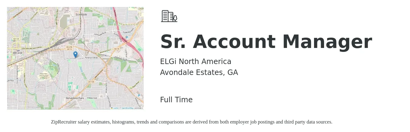 ELGi North America job posting for a Sr. Account Manager in Avondale Estates, GA with a salary of $75,700 to $119,200 Yearly with a map of Avondale Estates location.