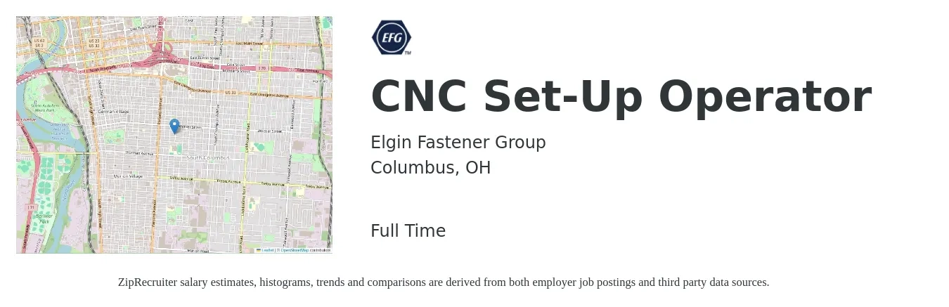 Elgin Fastener Group job posting for a CNC Set-Up Operator in Columbus, OH with a salary of $18 to $26 Hourly with a map of Columbus location.