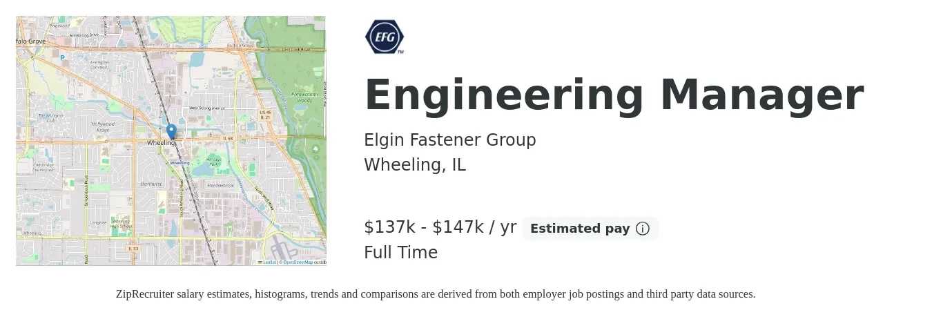 Elgin Fastener Group job posting for a Engineering Manager in Wheeling, IL with a salary of $137,000 to $147,000 Yearly with a map of Wheeling location.