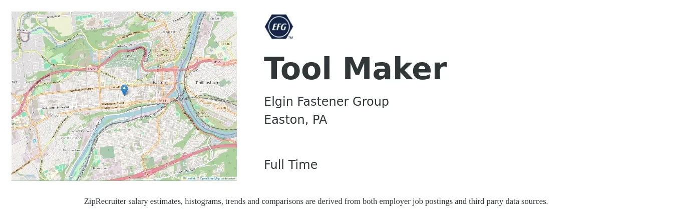Elgin Fastener Group job posting for a Tool Maker in Easton, PA with a salary of $25 to $32 Hourly with a map of Easton location.