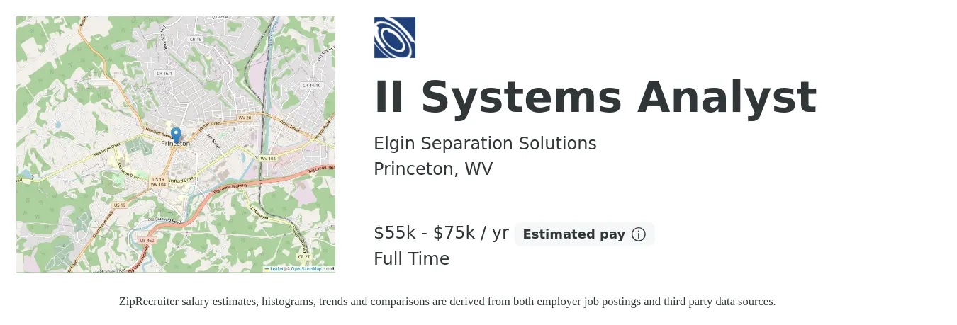 Elgin Separation Solutions job posting for a II Systems Analyst in Princeton, WV with a salary of $55,000 to $75,000 Yearly with a map of Princeton location.