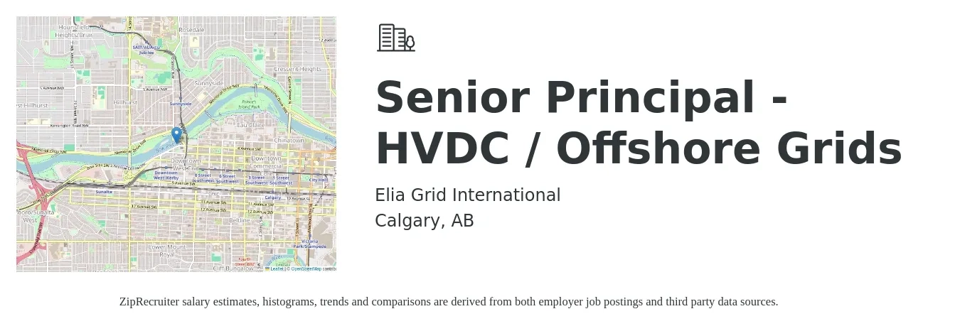 Elia Grid International job posting for a Senior Principal - HVDC / Offshore Grids in Calgary, AB with a map of Calgary location.
