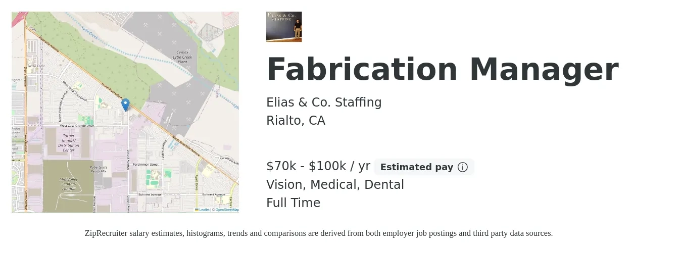 Elias & Co. Staffing job posting for a Fabrication Manager in Rialto, CA with a salary of $70,000 to $100,000 Yearly and benefits including vision, dental, life_insurance, and medical with a map of Rialto location.