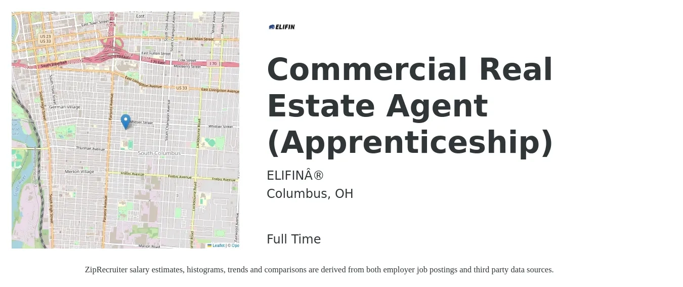 ELIFIN® job posting for a Commercial Real Estate Agent (Apprenticeship) in Columbus, OH with a salary of $78,700 to $115,900 Yearly with a map of Columbus location.