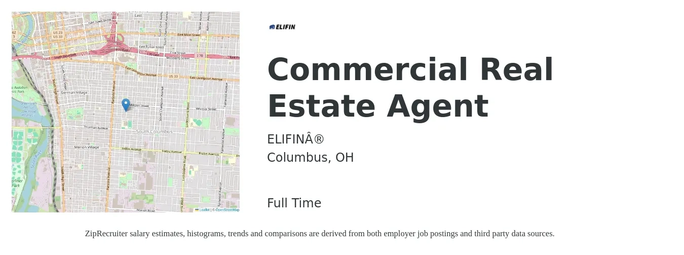 ELIFIN® job posting for a Commercial Real Estate Agent in Columbus, OH with a salary of $78,700 to $115,900 Yearly with a map of Columbus location.