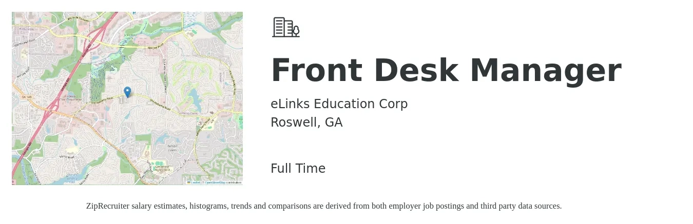 eLinks Education Corp job posting for a Front Desk Manager in Roswell, GA with a salary of $16 to $20 Hourly with a map of Roswell location.