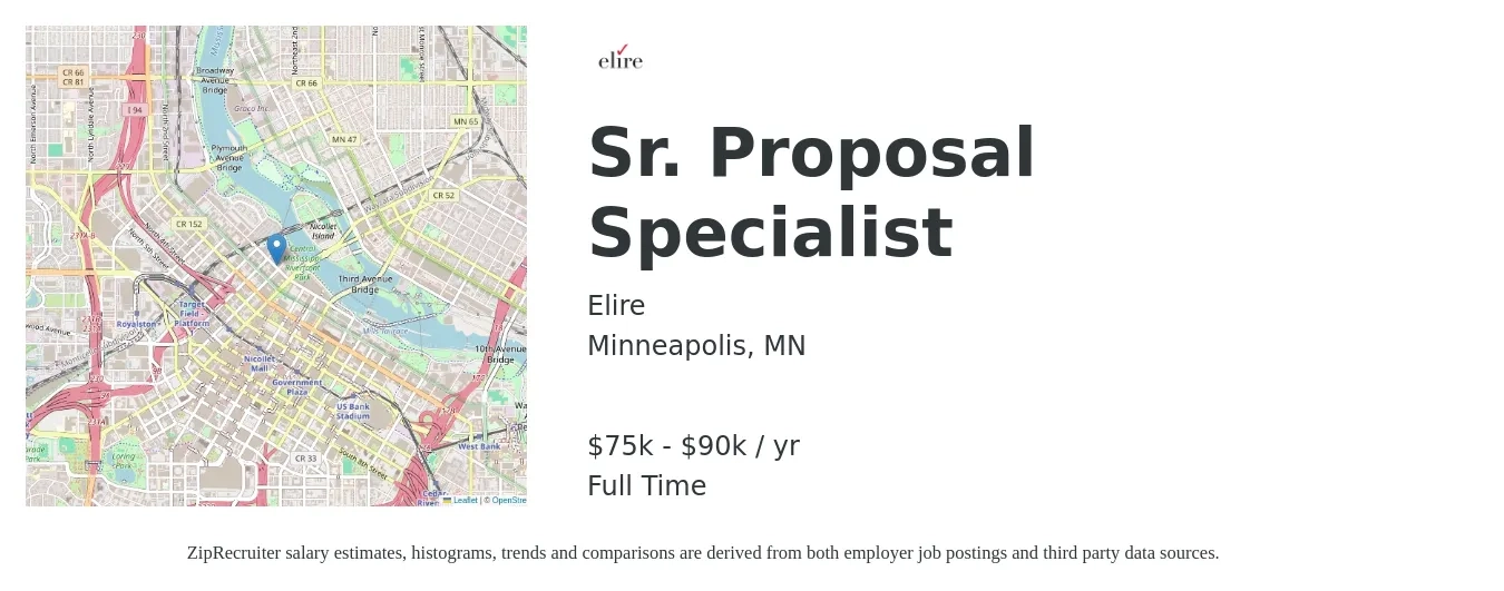 Elire job posting for a Sr. Proposal Specialist in Minneapolis, MN with a salary of $75,000 to $90,000 Yearly with a map of Minneapolis location.
