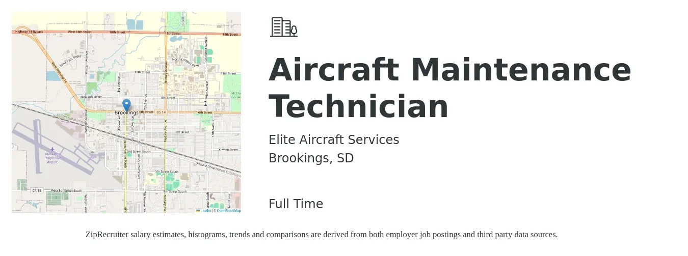 Elite Aircraft Services job posting for a Aircraft Maintenance Technician in Brookings, SD with a salary of $29 to $37 Hourly with a map of Brookings location.