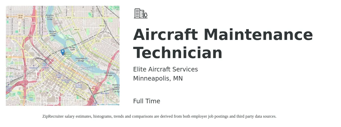 Elite Aircraft Services job posting for a Aircraft Maintenance Technician in Minneapolis, MN with a salary of $32 to $42 Hourly with a map of Minneapolis location.