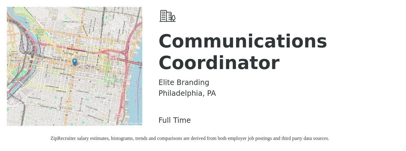 Elite Branding job posting for a Communications Coordinator in Philadelphia, PA with a salary of $58,000 to $70,000 Yearly with a map of Philadelphia location.