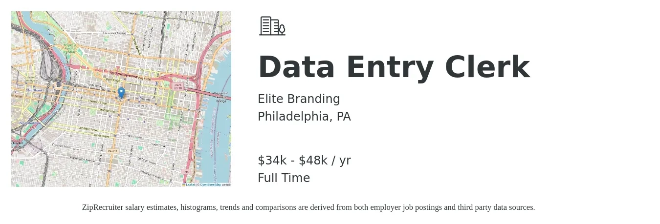 Elite Branding job posting for a Data Entry Clerk in Philadelphia, PA with a salary of $17 to $23 Hourly with a map of Philadelphia location.