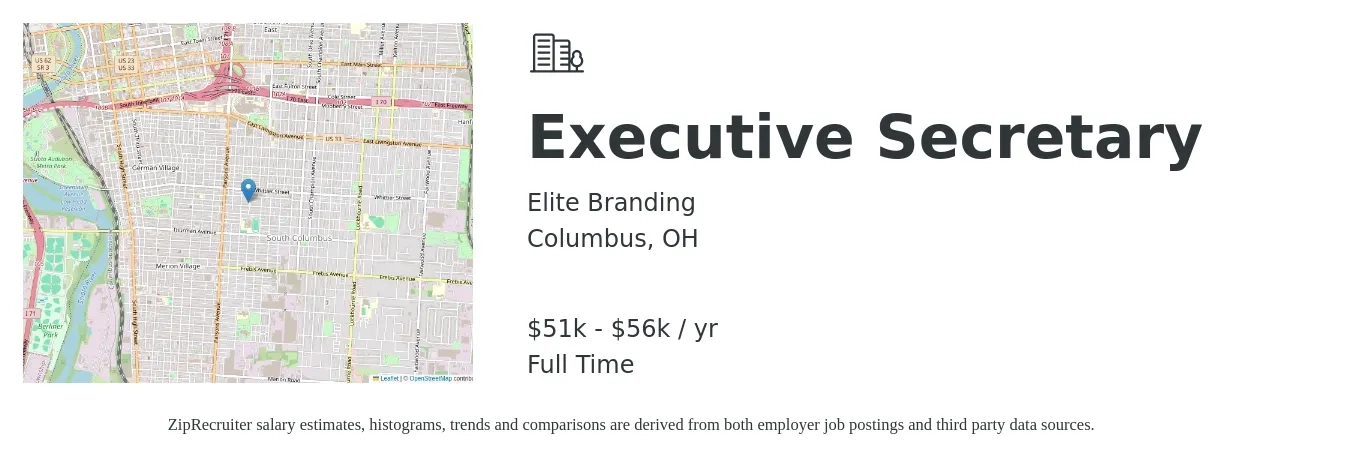 Elite Branding job posting for a Executive Secretary in Columbus, OH with a salary of $51,000 to $56,000 Yearly with a map of Columbus location.