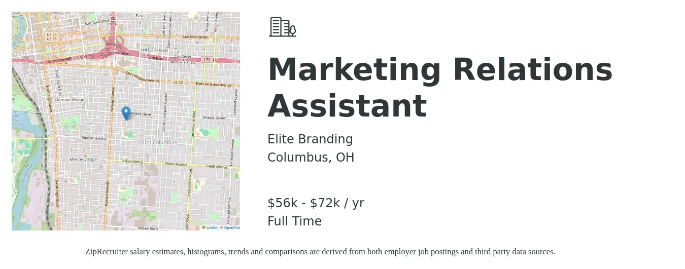 Elite Branding job posting for a Marketing Relations Assistant in Columbus, OH with a salary of $56,000 to $72,000 Yearly with a map of Columbus location.