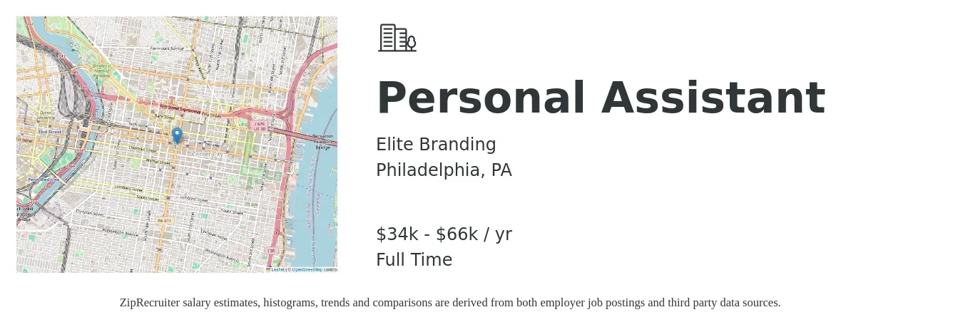 Elite Branding job posting for a Personal Assistant in Philadelphia, PA with a salary of $34,000 to $66,000 Yearly with a map of Philadelphia location.