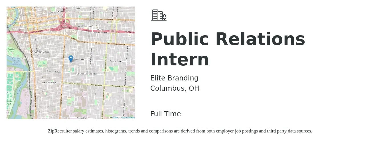 Elite Branding job posting for a Public Relations Intern in Columbus, OH with a salary of $14 to $19 Hourly with a map of Columbus location.
