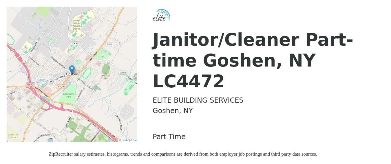 Elite Building Services job posting for a Janitor/Cleaner Part-time Goshen, NY LC4472 in Goshen, NY with a salary of $15 to $19 Hourly with a map of Goshen location.