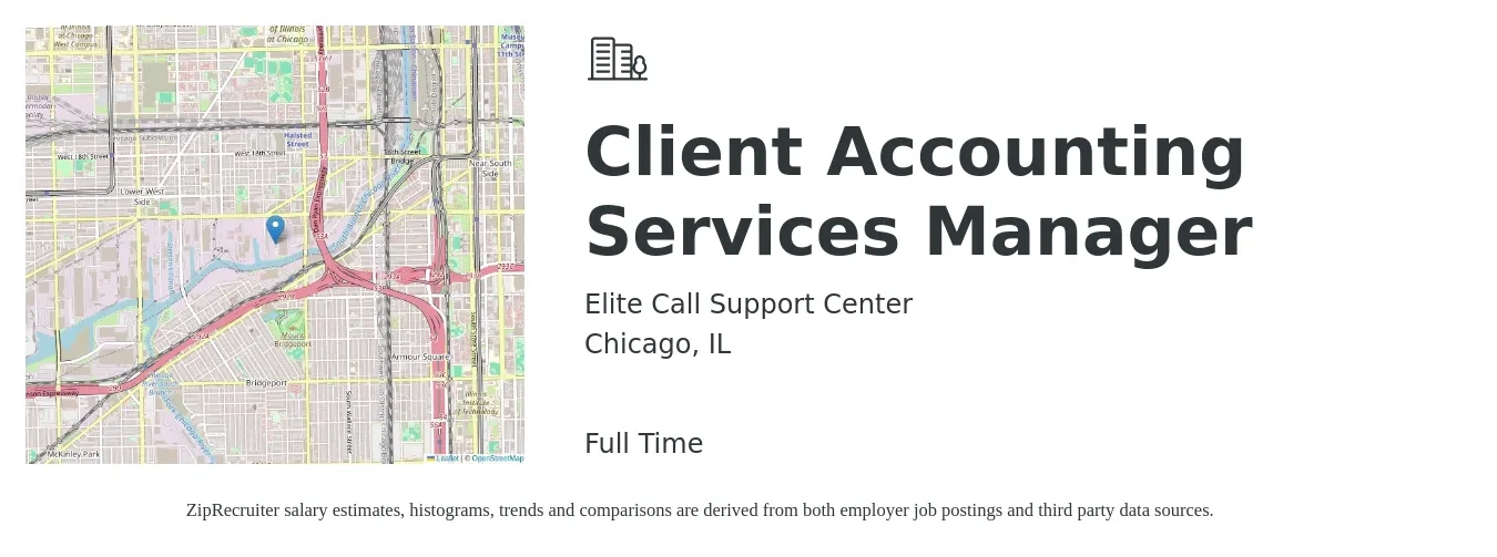 Elite Call Support Center job posting for a Client Accounting Services Manager in Chicago, IL with a salary of $80,400 to $115,400 Yearly with a map of Chicago location.