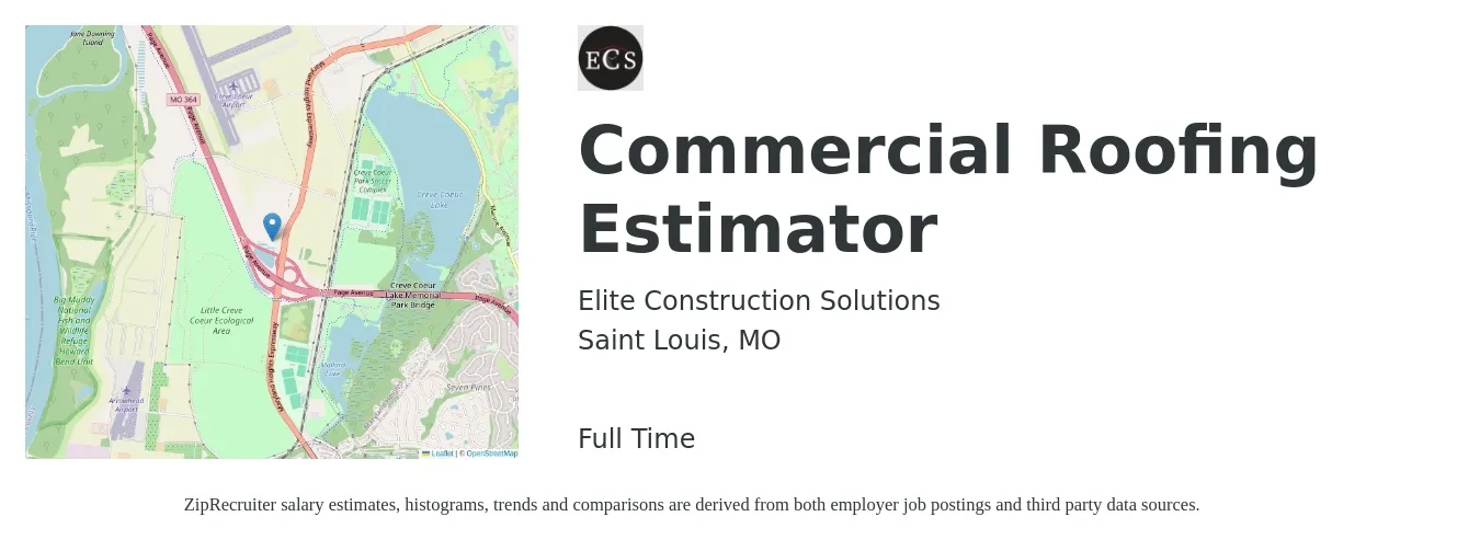 Elite Construction Solutions job posting for a Commercial Roofing Estimator in Saint Louis, MO with a salary of $55,000 to $65,000 Yearly with a map of Saint Louis location.