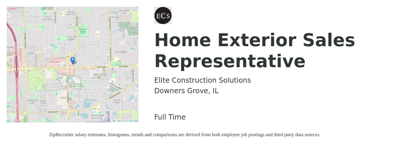Elite Construction Solutions job posting for a Home Exterior Sales Representative in Downers Grove, IL with a salary of $52,400 to $89,800 Yearly with a map of Downers Grove location.