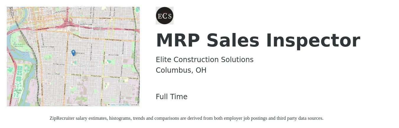 Elite Construction Solutions job posting for a MRP Sales Inspector in Columbus, OH with a salary of $26,000 Yearly with a map of Columbus location.