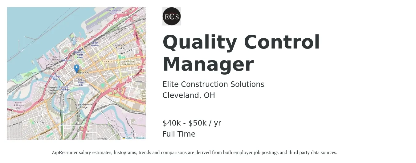 Elite Construction Solutions job posting for a Quality Control Manager in Cleveland, OH with a salary of $40,000 to $50,000 Yearly with a map of Cleveland location.