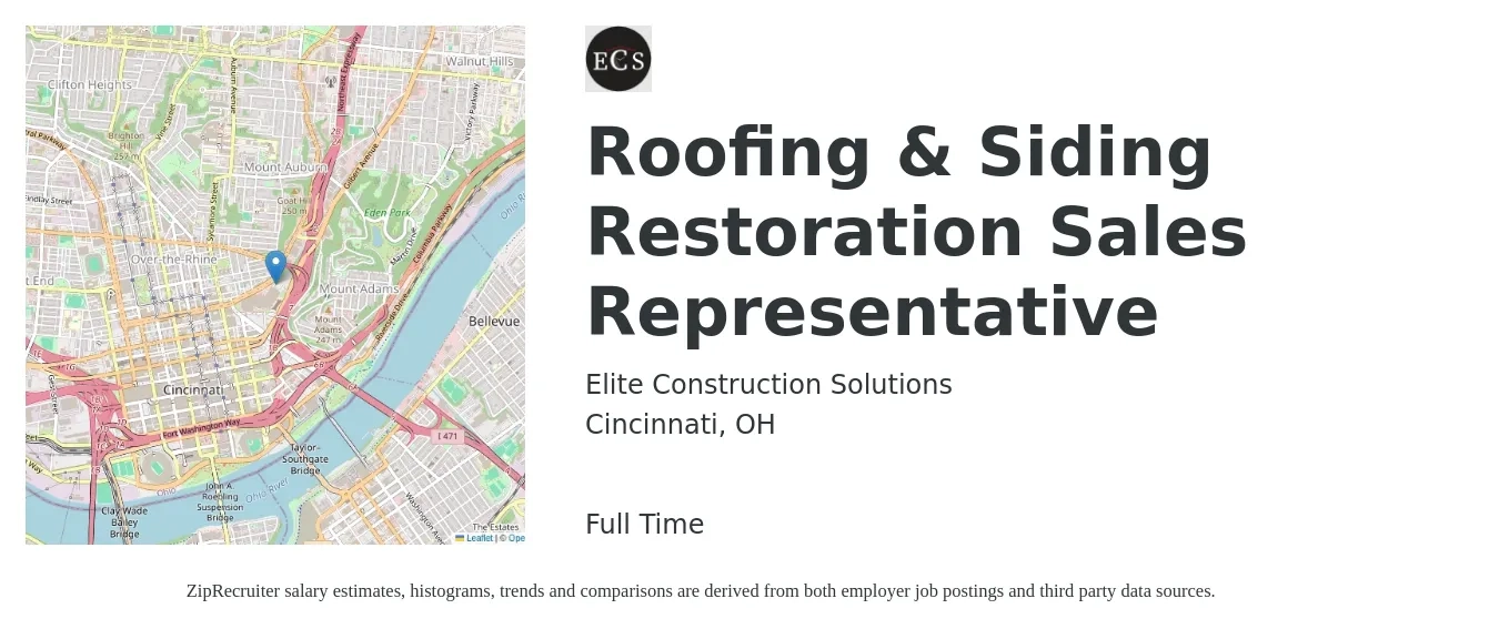 Elite Construction Solutions job posting for a Roofing & Siding Restoration Sales Representative in Cincinnati, OH with a salary of $56,600 to $91,600 Yearly with a map of Cincinnati location.