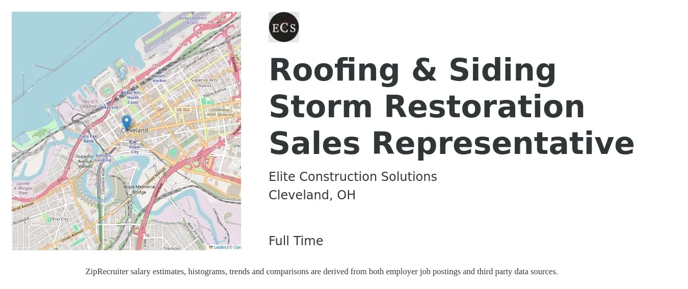 Elite Construction Solutions job posting for a Roofing & Siding Storm Restoration Sales Representative in Cleveland, OH with a salary of $57,200 to $92,600 Yearly with a map of Cleveland location.