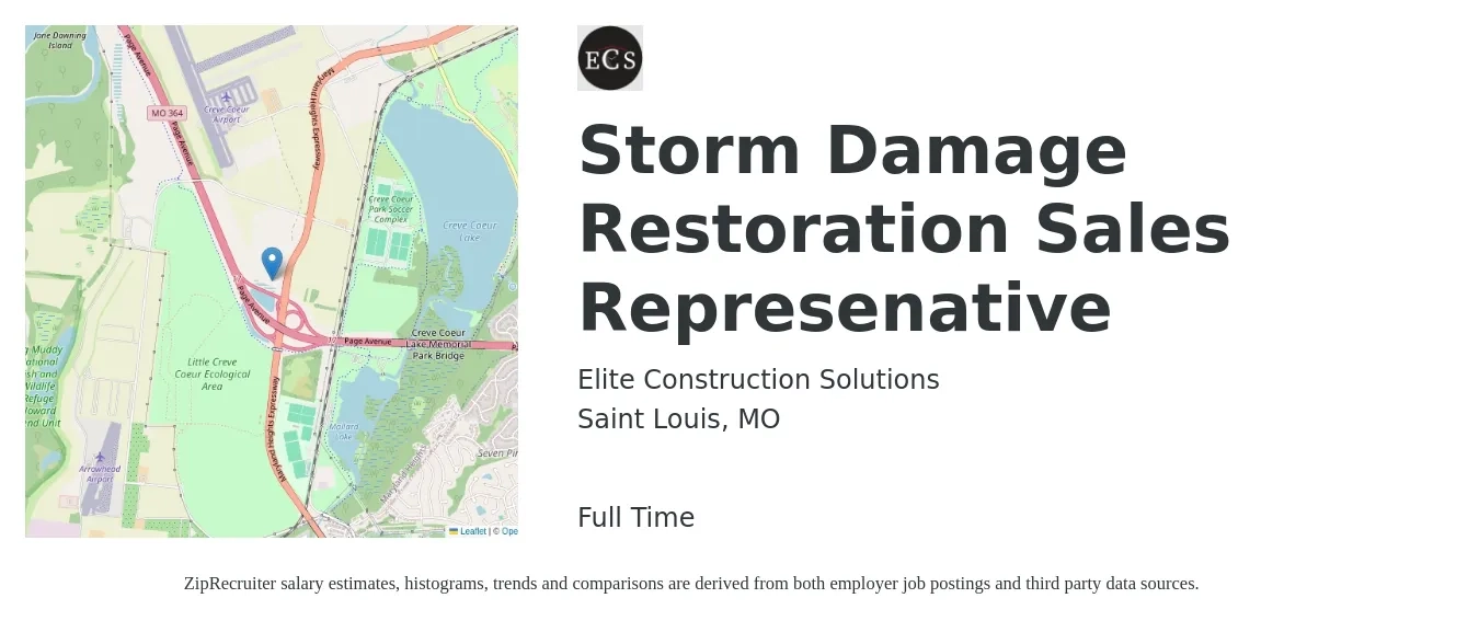 Elite Construction Solutions job posting for a Storm Damage Restoration Sales Represenative in Saint Louis, MO with a salary of $52,000 to $90,400 Yearly with a map of Saint Louis location.
