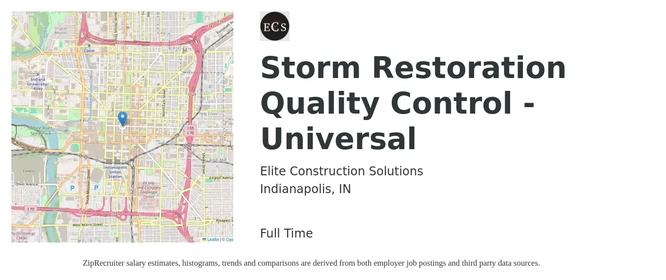 Elite Construction Solutions job posting for a Storm Restoration Quality Control - Universal in Indianapolis, IN with a salary of $50,000 Yearly with a map of Indianapolis location.
