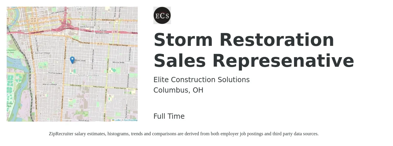 Elite Construction Solutions job posting for a Storm Restoration Sales Represenative in Columbus, OH with a salary of $51,700 to $89,800 Yearly with a map of Columbus location.