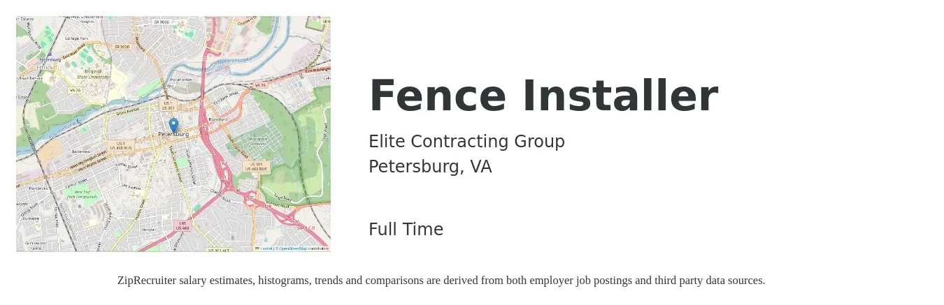 Elite Contracting Group job posting for a Fence Installer in Petersburg, VA with a salary of $17 to $23 Hourly with a map of Petersburg location.