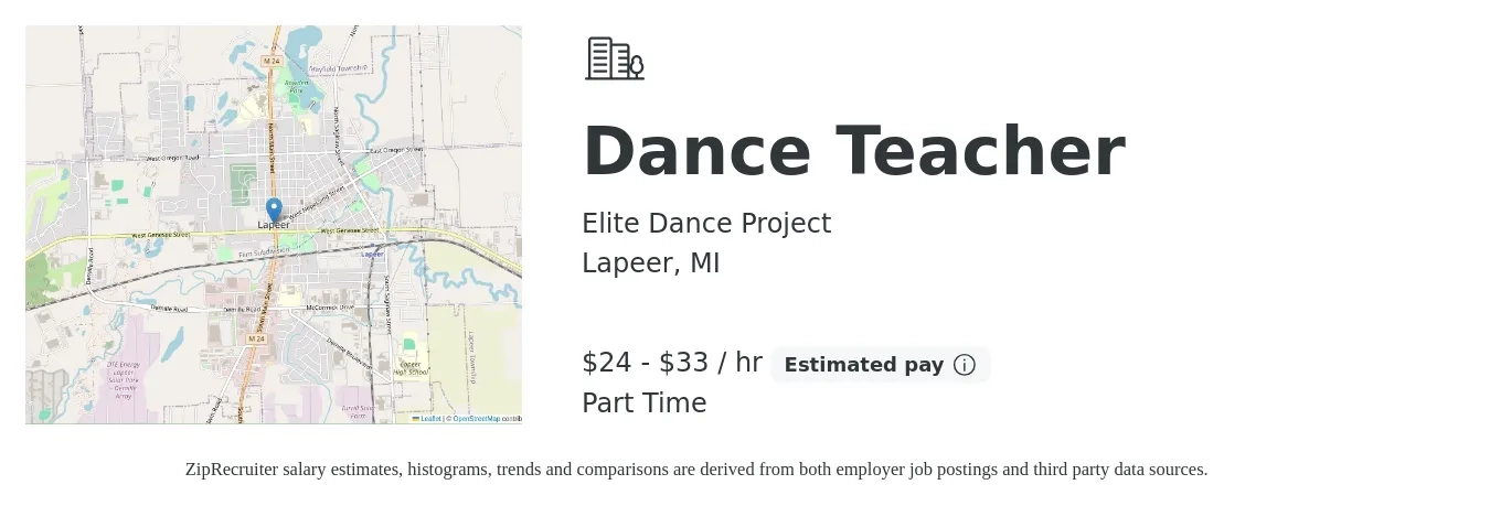 Elite Dance Project job posting for a Dance Teacher in Lapeer, MI with a salary of $25 to $35 Hourly with a map of Lapeer location.