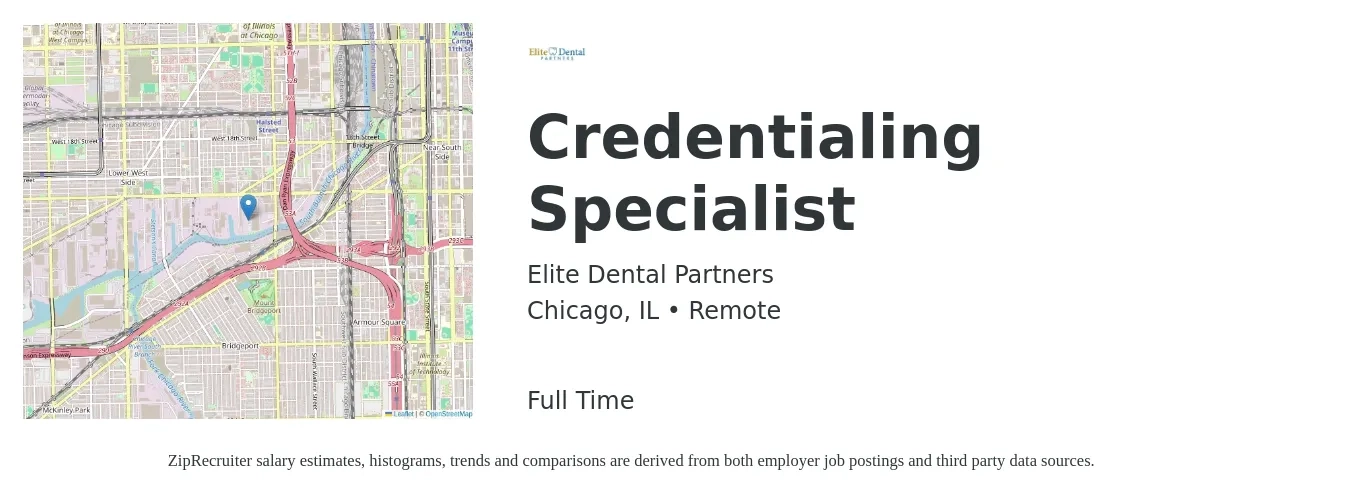 Elite Dental Partners job posting for a Credentialing Specialist in Chicago, IL with a salary of $20 to $30 Hourly with a map of Chicago location.