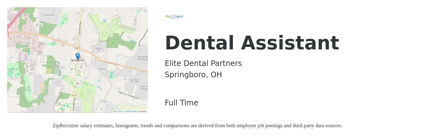 Elite Dental Partners job posting for a Dental Assistant in Springboro, OH with a salary of $16 to $21 Hourly with a map of Springboro location.