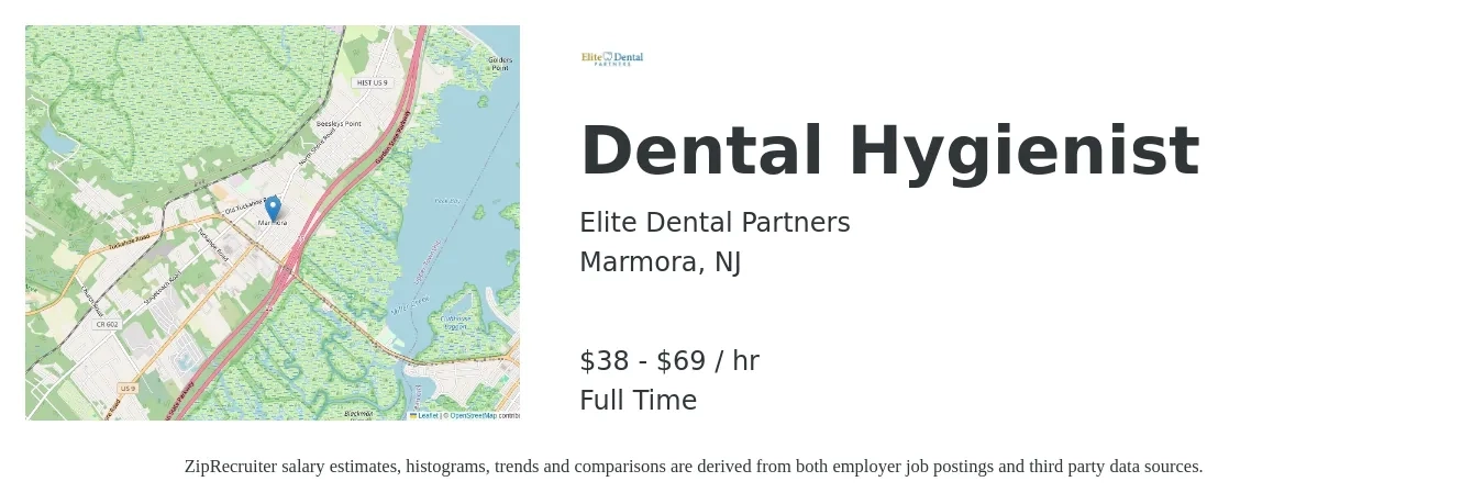 Elite Dental Partners job posting for a Dental Hygienist in Marmora, NJ with a salary of $40 to $72 Hourly with a map of Marmora location.