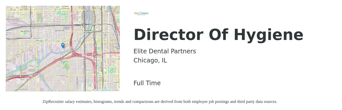 Elite Dental Partners job posting for a Director Of Hygiene in Chicago, IL with a salary of $53,600 to $74,700 Yearly with a map of Chicago location.