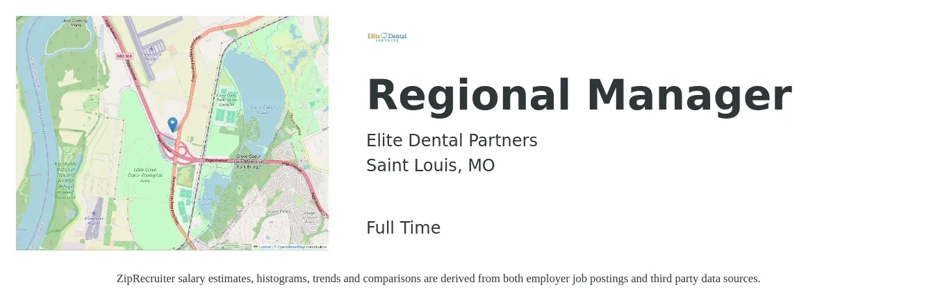 Elite Dental Partners job posting for a Regional Manager in Saint Louis, MO with a salary of $65,600 to $105,000 Yearly with a map of Saint Louis location.