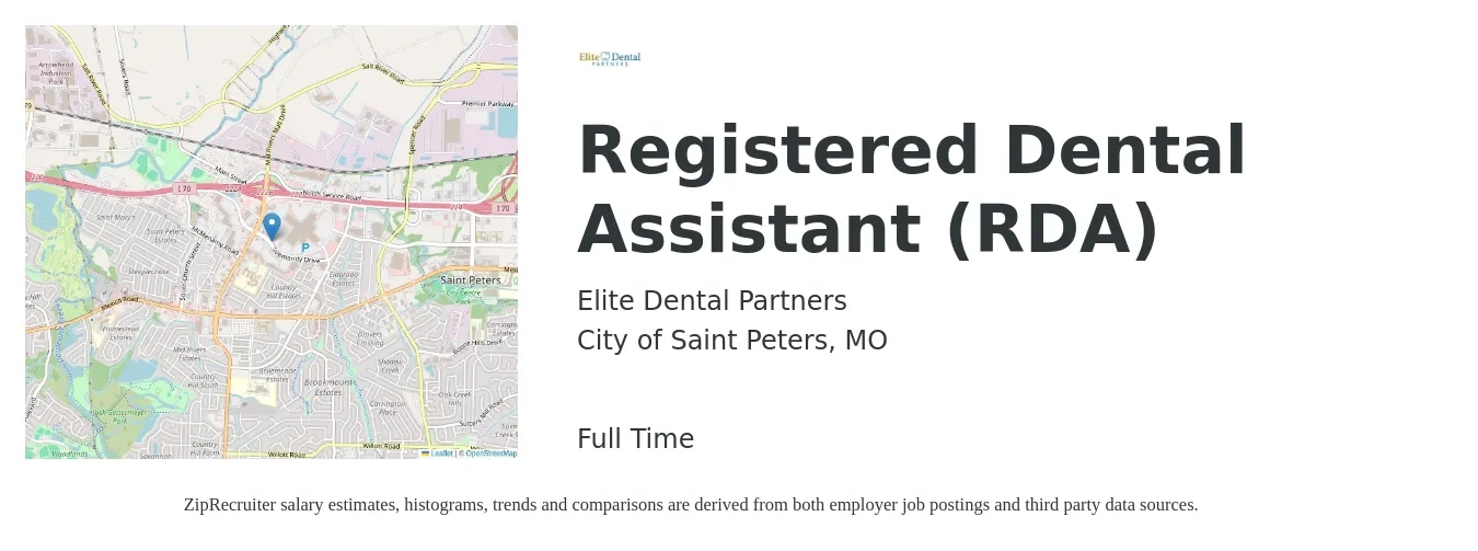 Elite Dental Partners job posting for a Registered Dental Assistant (RDA) in City of Saint Peters, MO with a salary of $17 to $24 Hourly with a map of City of Saint Peters location.