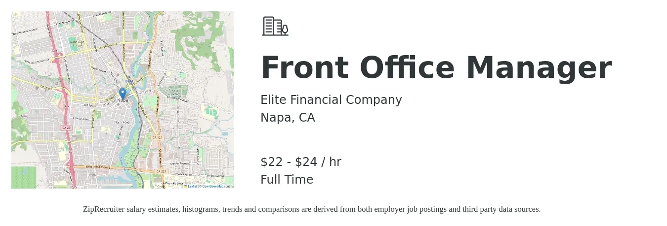 Elite Financial Company job posting for a Front Office Manager in Napa, CA with a salary of $23 to $25 Hourly with a map of Napa location.