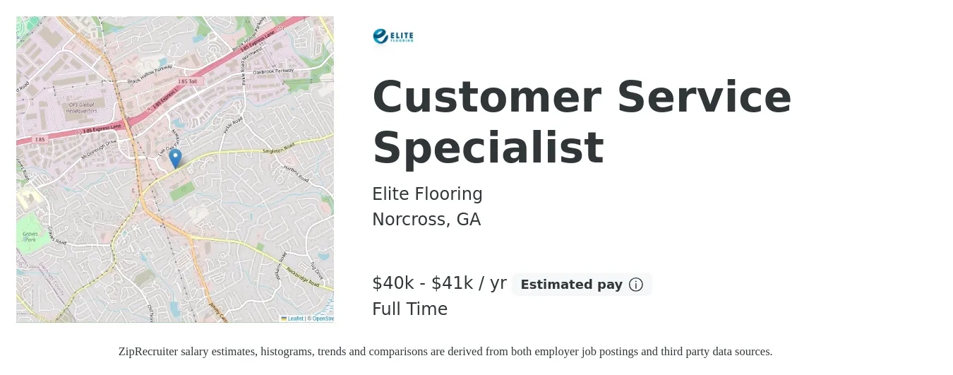 Elite Flooring job posting for a Customer Service Specialist in Norcross, GA with a salary of $40,000 to $41,000 Yearly with a map of Norcross location.