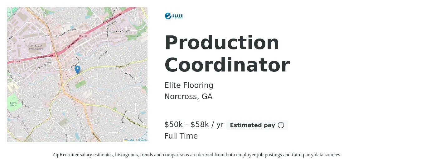Elite Flooring job posting for a Production Coordinator in Norcross, GA with a salary of $50,000 to $58,000 Yearly with a map of Norcross location.