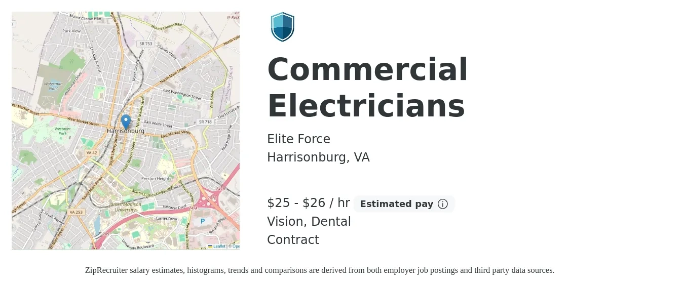 Elite Force job posting for a Commercial Electricians in Harrisonburg, VA with a salary of $26 to $28 Hourly and benefits including dental, life_insurance, and vision with a map of Harrisonburg location.