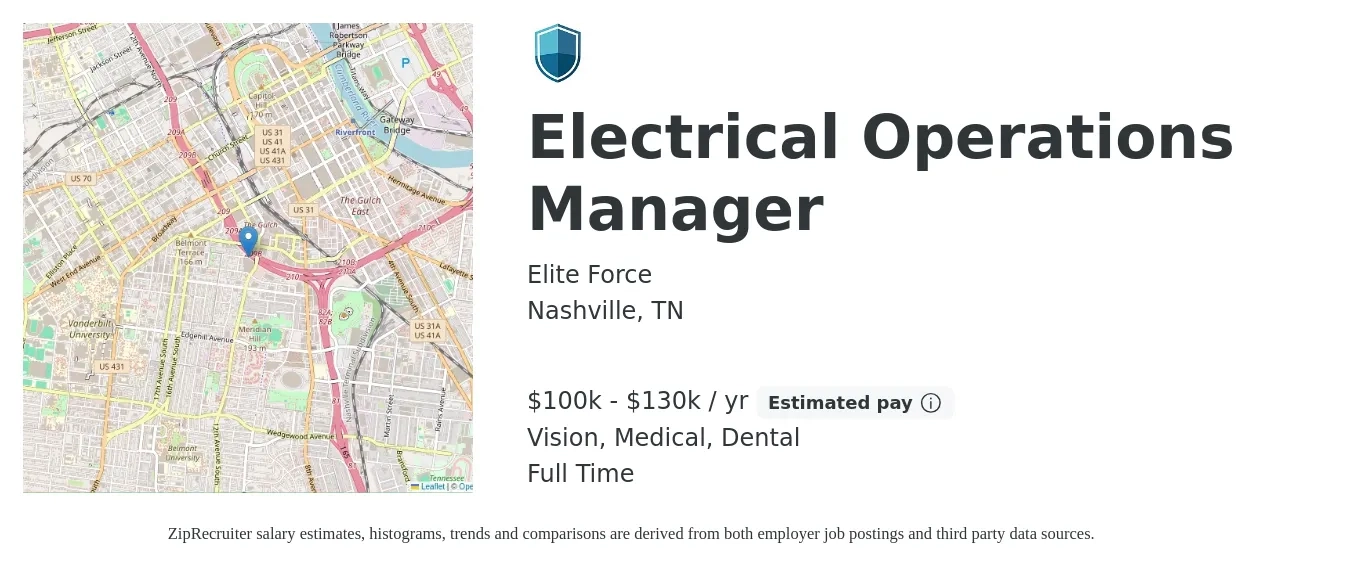 Elite Force job posting for a Electrical Operations Manager in Nashville, TN with a salary of $100,000 to $130,000 Yearly and benefits including medical, vision, dental, and life_insurance with a map of Nashville location.