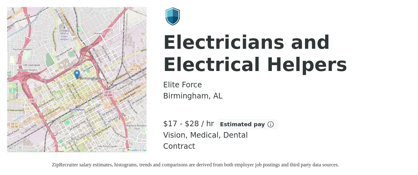 Elite Force job posting for a Electricians and Electrical Helpers in Birmingham, AL with a salary of $18 to $30 Hourly and benefits including vision, dental, life_insurance, and medical with a map of Birmingham location.